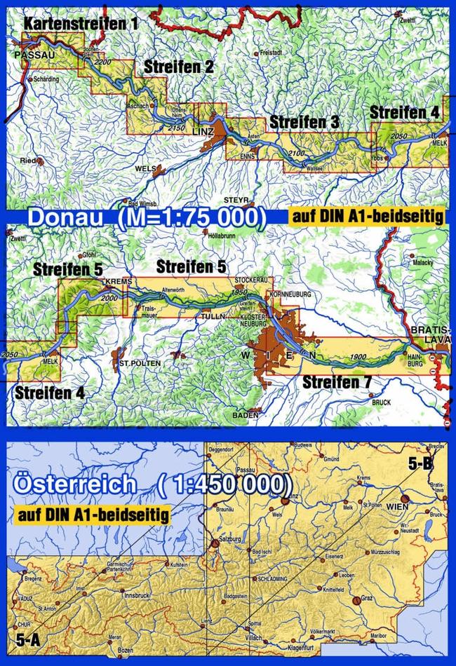 Blattschnitt Wassersport-Wanderkarte WW5 mit Gewässerkarte Donau